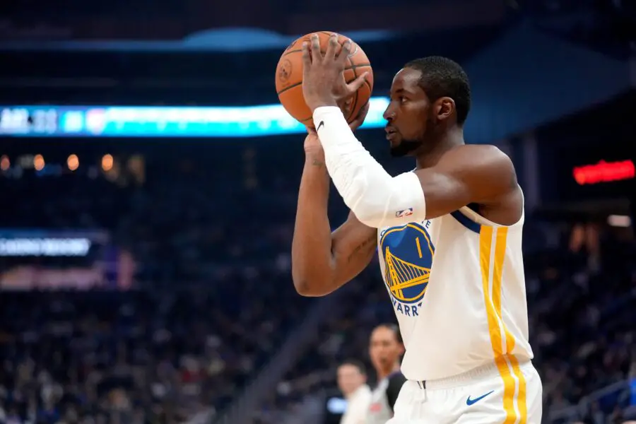 Dec 2, 2025; San Francisco, California, USA; Golden State Warriors forward Jonathan Kuminga (1) shoots the ball against the Oklahoma City Thunder in the first quarter at the Chase Center. Mandatory Credit: Cary Edmondson-Imagn Images
