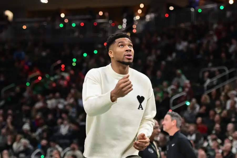 Dec 18, 2025; Milwaukee, Wisconsin, USA; Milwaukee Bucks forward Giannis Antetokounmpo (34) during the fourth quarter against the Toronto Raptors while recovering from an injury at Fiserv Forum. Mandatory Credit: Benny Sieu-Imagn Images