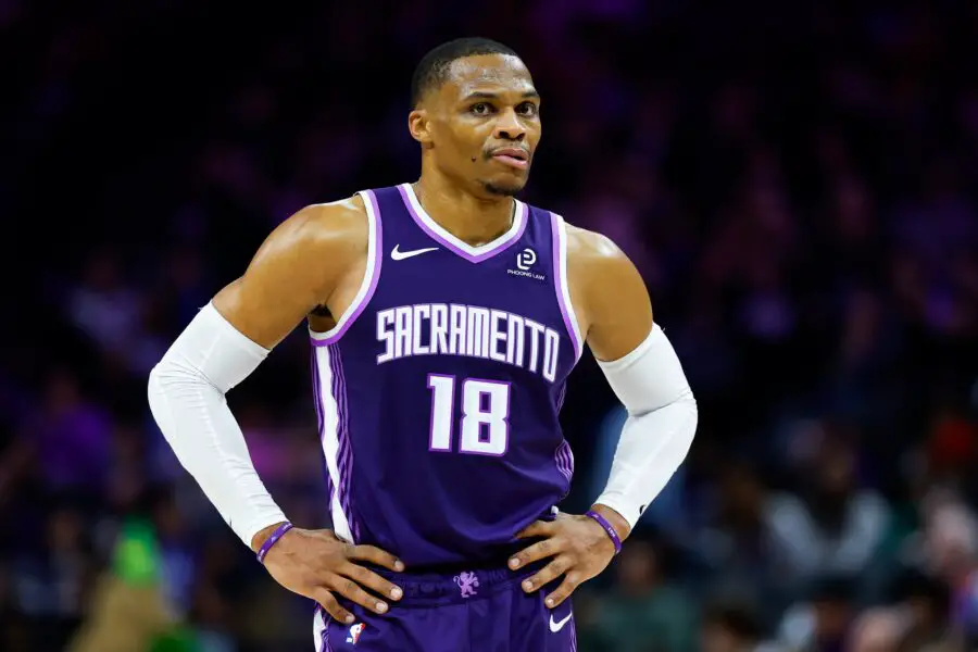Dec 23, 2025; Sacramento, California, USA; Sacramento Kings guard Russell Westbrook (18) looks on during the second quarter against the Detroit Pistons at Golden 1 Center. Mandatory Credit: Sergio Estrada-Imagn Images