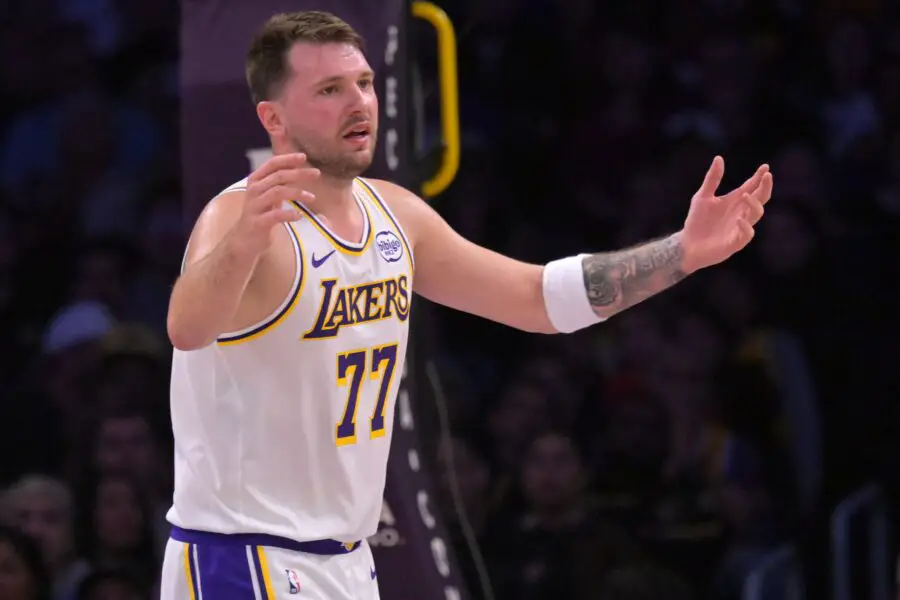 Dec 28, 2025; Los Angeles, California, USA; Los Angeles Lakers guard Luka Doncic (77) reacts after not getting a foul call in the first half against the Sacramento Kings at Crypto.com Arena. Mandatory Credit: Jayne Kamin-Oncea-Imagn Images