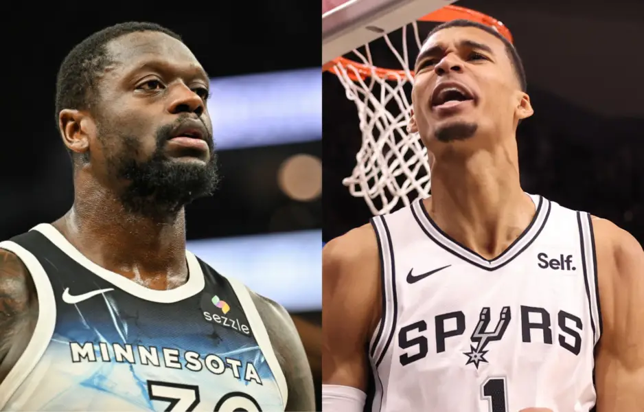 NBA Fans Get Baited By Parody Account That Julius Randle Got 'Arroused' Looking At Victor Wembanyama. Photo credits: IMAGN and Yahoo! Sports