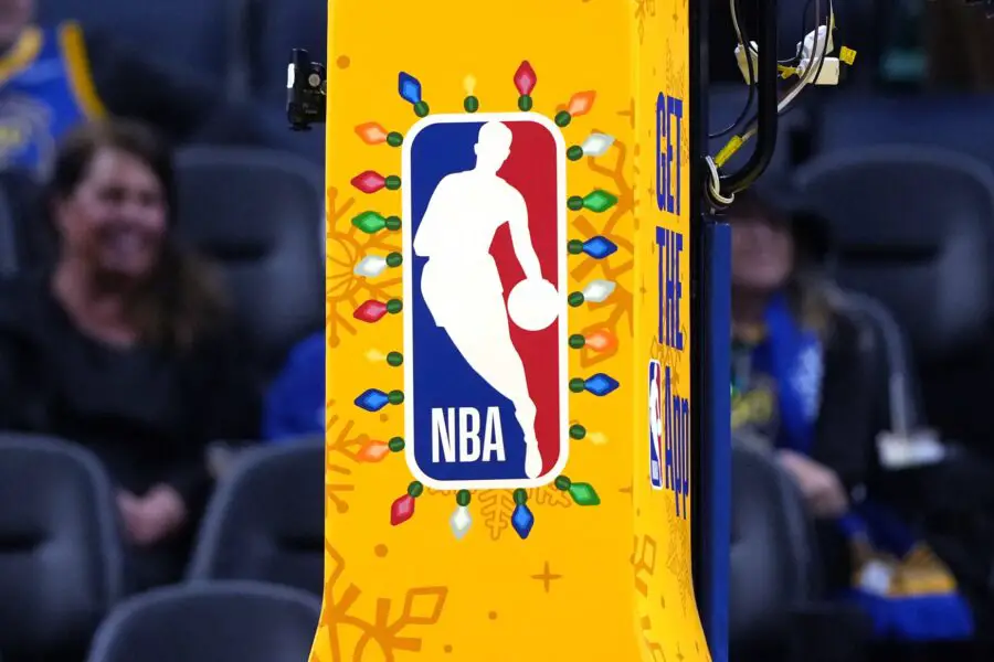 Dec 25, 2025; San Francisco, California, USA; A view of the Christmas logo for the NBA before the game between the Golden State Warriors and the Dallas Mavericks at Chase Center. Mandatory Credit: Darren Yamashita-Imagn Images