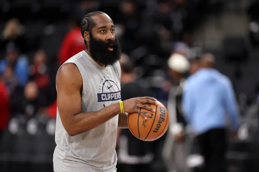 Jan 1, 2026; Inglewood, California, USA; Los Angeles Clippers guard James Harden (1) warms up before the game against the Utah Jazz at Intuit Dome. Mandatory Credit: Kiyoshi Mio-Imagn Images