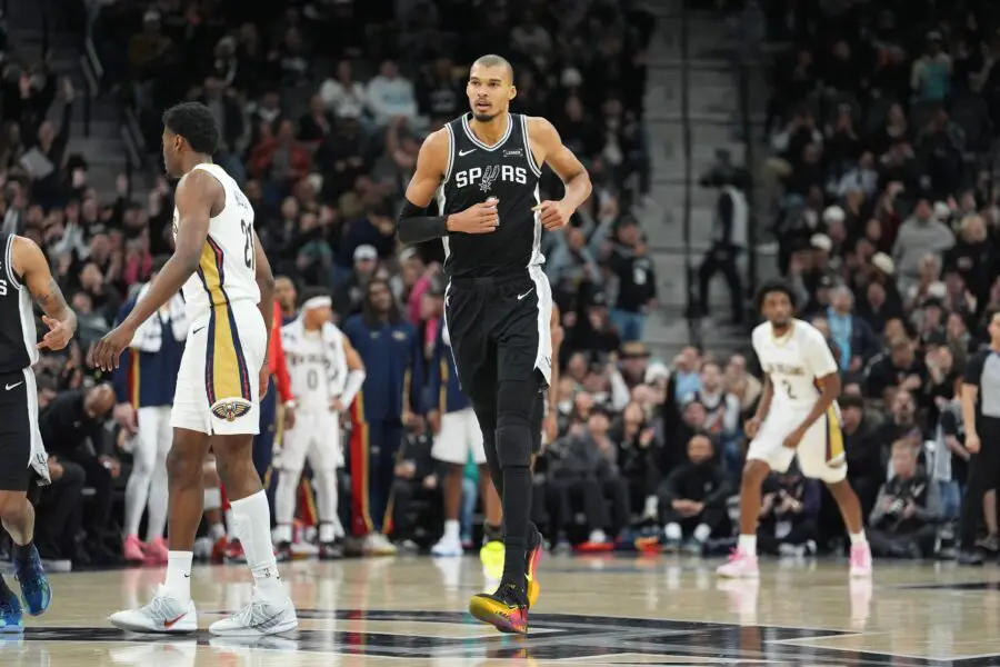 Jan 25, 2026; San Antonio, Texas, USA; San Antonio Spurs forward Victor Wembanyama (1) runs up the court in the second half against the New Orleans Pelicans at Frost Bank Center. Mandatory Credit: Daniel Dunn-Imagn Images