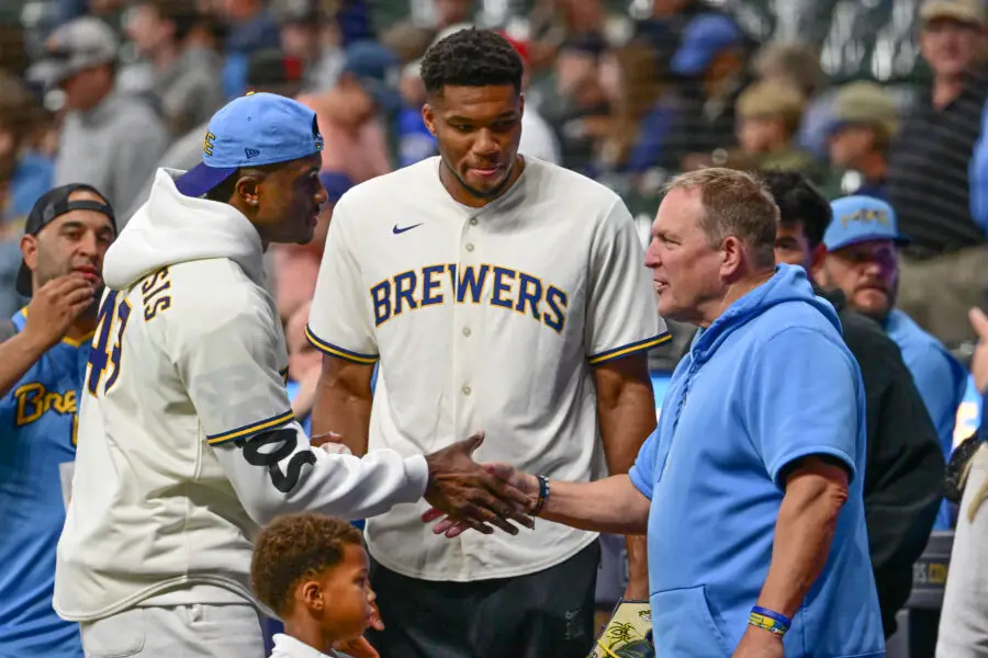 Giannis Antetokounmpo and brother in Milwaukee Brewers game