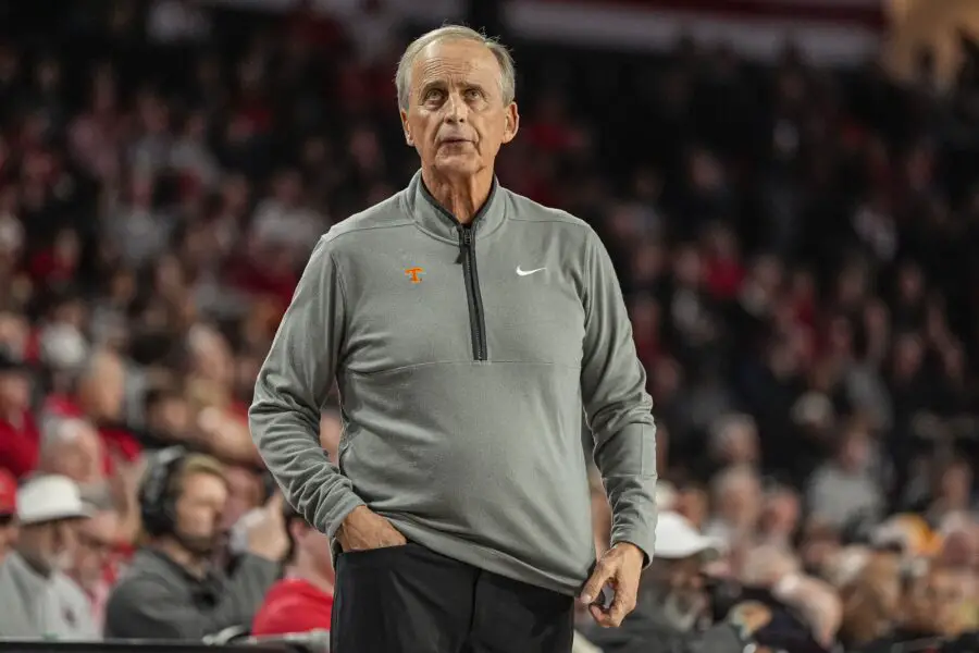 Jan 28, 2026; Athens, Georgia, USA; Tennessee Volunteers head coach Rick Barnes reacts on the sideline against the Georgia Bulldogs at Stegeman Coliseum. Mandatory Credit: Dale Zanine-Imagn Images