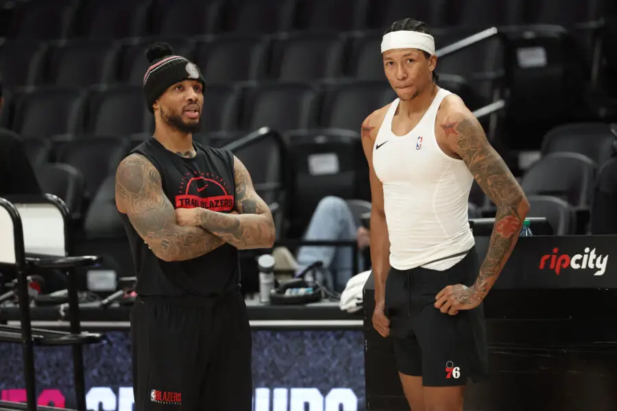 'It Felt Like a Game for Me' - Damian Lillard Details Process Before All Star Weekend 3-Point Contest Win 1 Portland Trail Blazers star Damian Lillard talks with teammate during practice