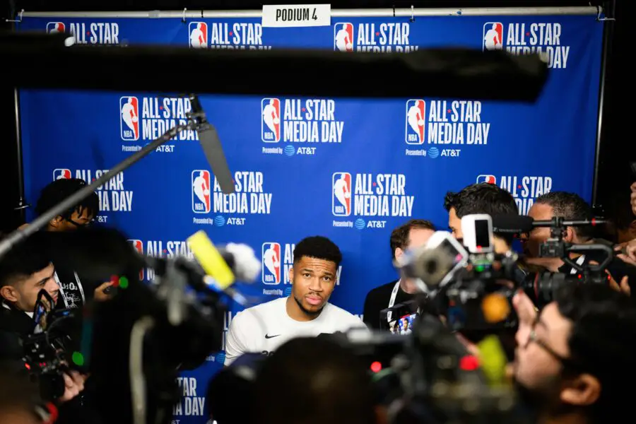 Milwaukee Bucks star Giannis Antetokounmpo talks to reporters during All-Star Weekend