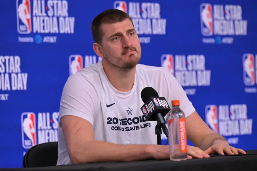 Denver Nuggets star Nikola Jokic talks to reporters during All-Star weekend