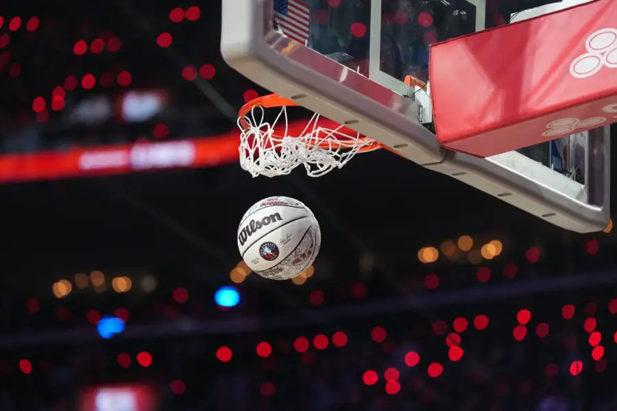Feb 14, 2026; Los Angeles, CA, USA; Detail view of the winning shot by Portland Trail Blazers guard Damian Lillard (not pictured) in the three point contest during the 2026 NBA All Star Saturday Night at Intuit Dome. Mandatory Credit: Kirby Lee-Imagn Images