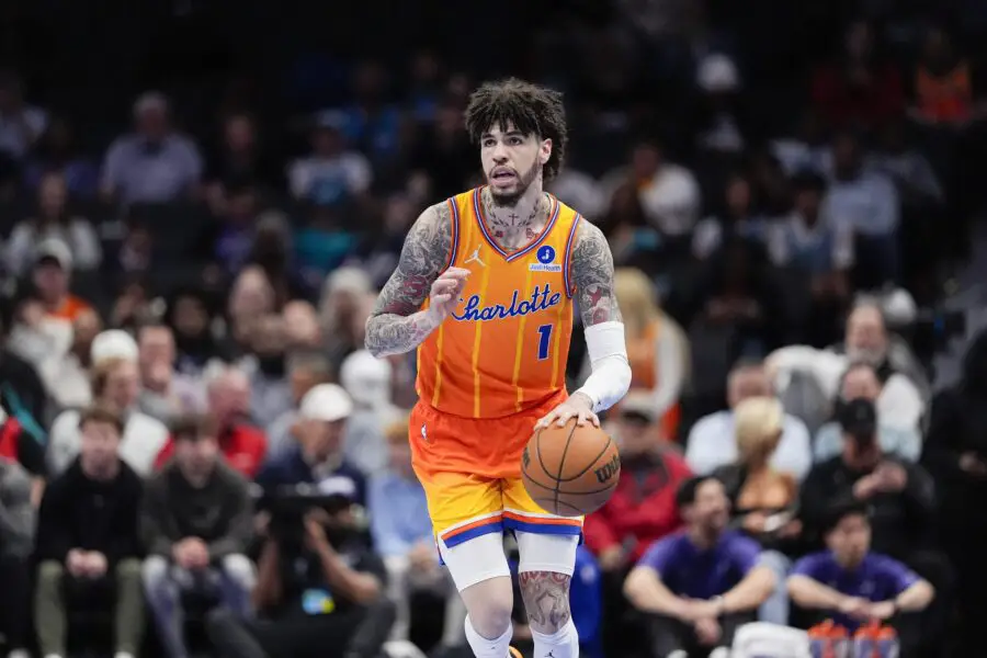 Feb 19, 2026; Charlotte, North Carolina, USA; Charlotte Hornets guard LaMelo Ball (1) brings the ball up court against the Houston Rockets during the first quarter at Spectrum Center. Mandatory Credit: Jim Dedmon-Imagn Images